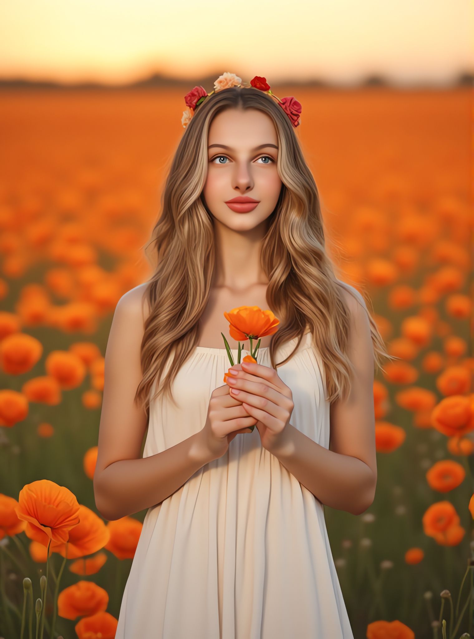 AI-generated art of a serene woman with a rose flower crown, holding an orange poppy in a sunlit field.
