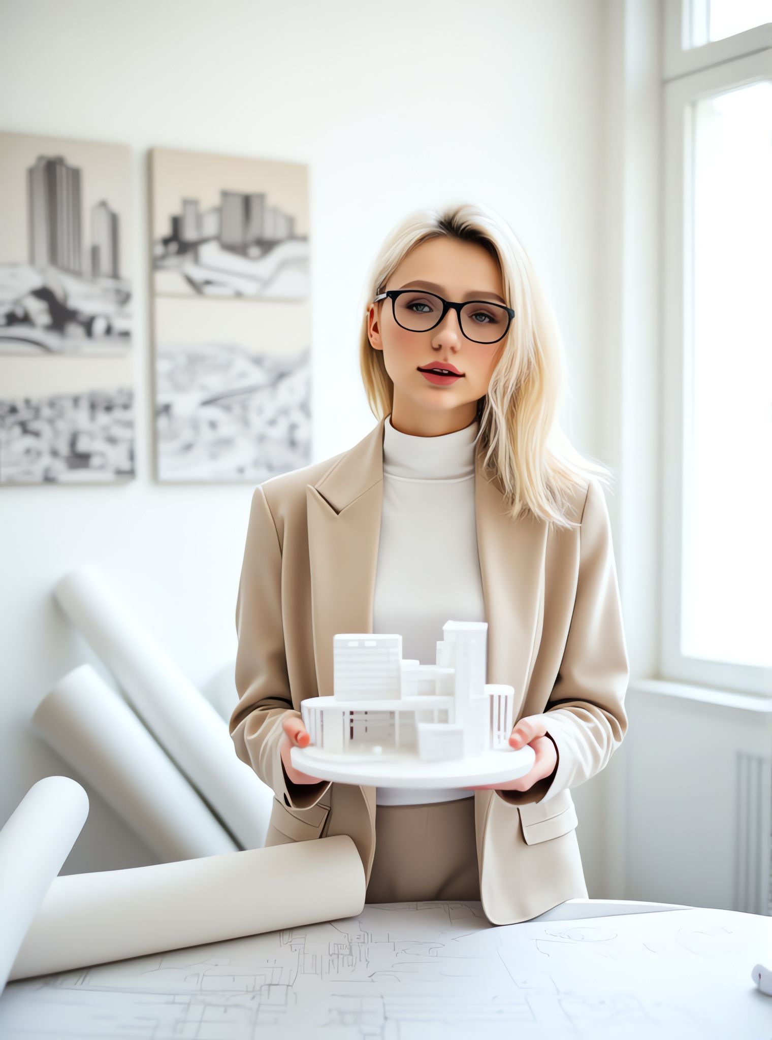 AI-generated photo of a professional blonde woman with glasses, wearing a beige blazer and white turtleneck, holding a white architectural model in a bright design studio with blueprints