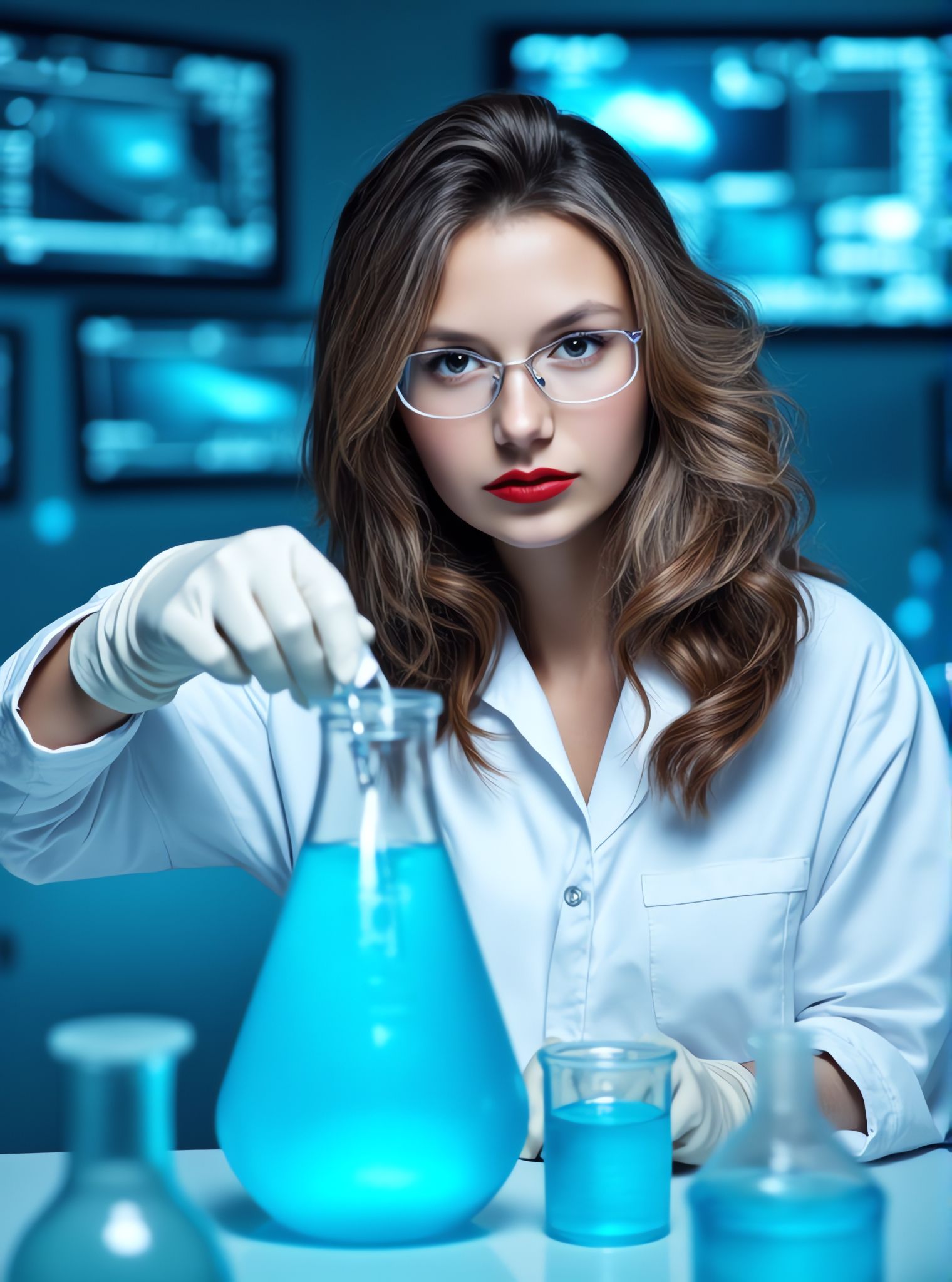 photo of a woman scientist in a lab coat and glasses, stirring a blue solution in a flask, in a high-tech laboratory with multiple screens