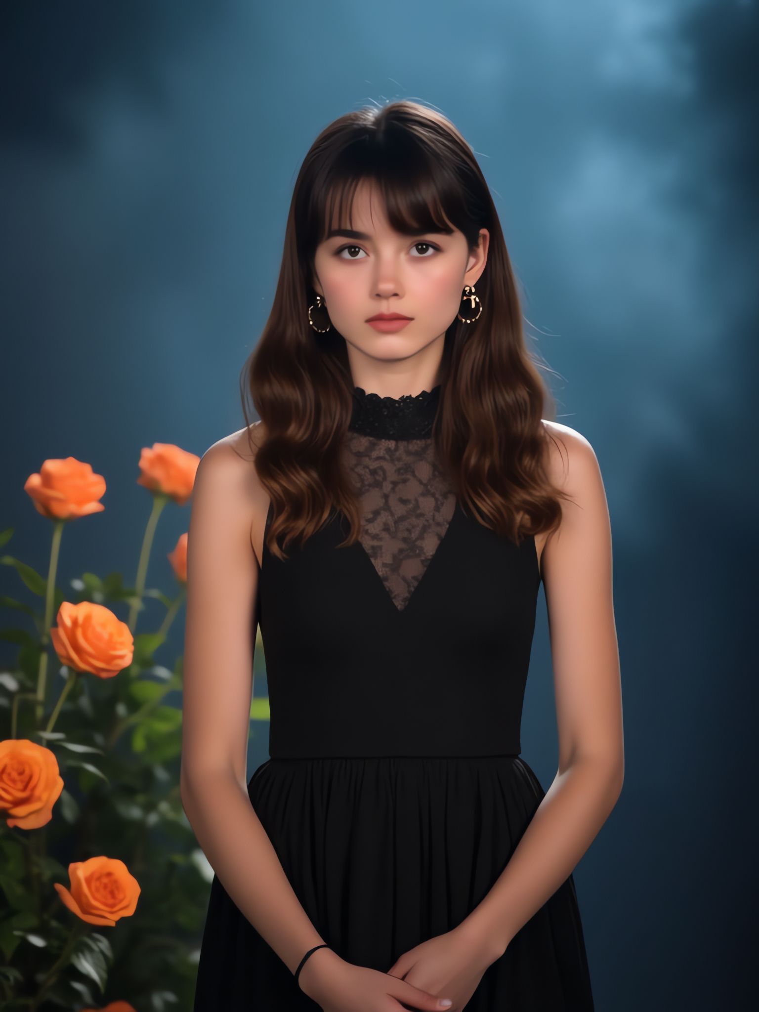 A young girl in a flowing blue dress poses elegantly for her Bat Mitzvah portrait against a soft, artistic background