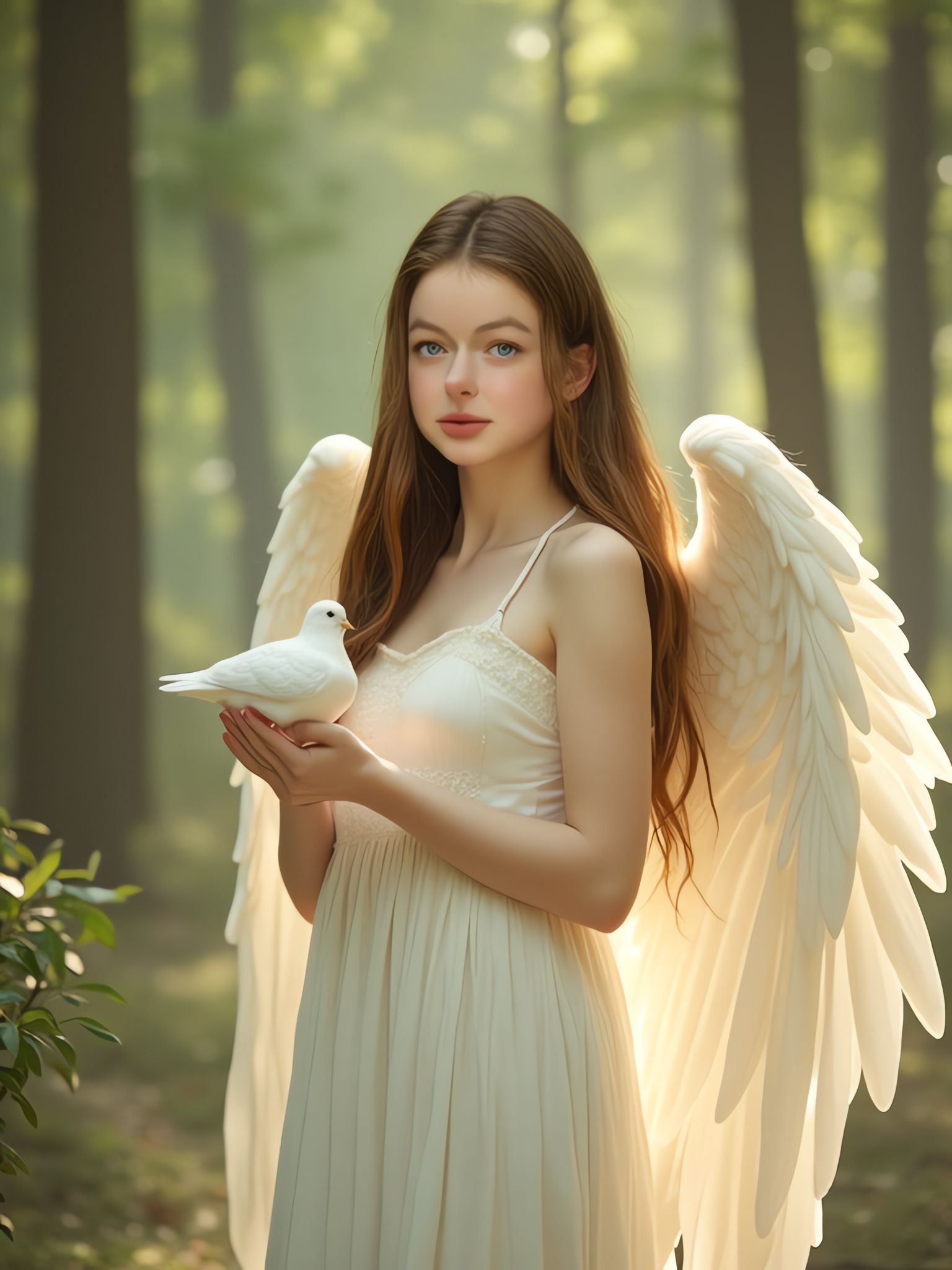 A young girl in a light, flowing dress poses gracefully in a soft, dove-themed setting, capturing a sense of purity and celebration