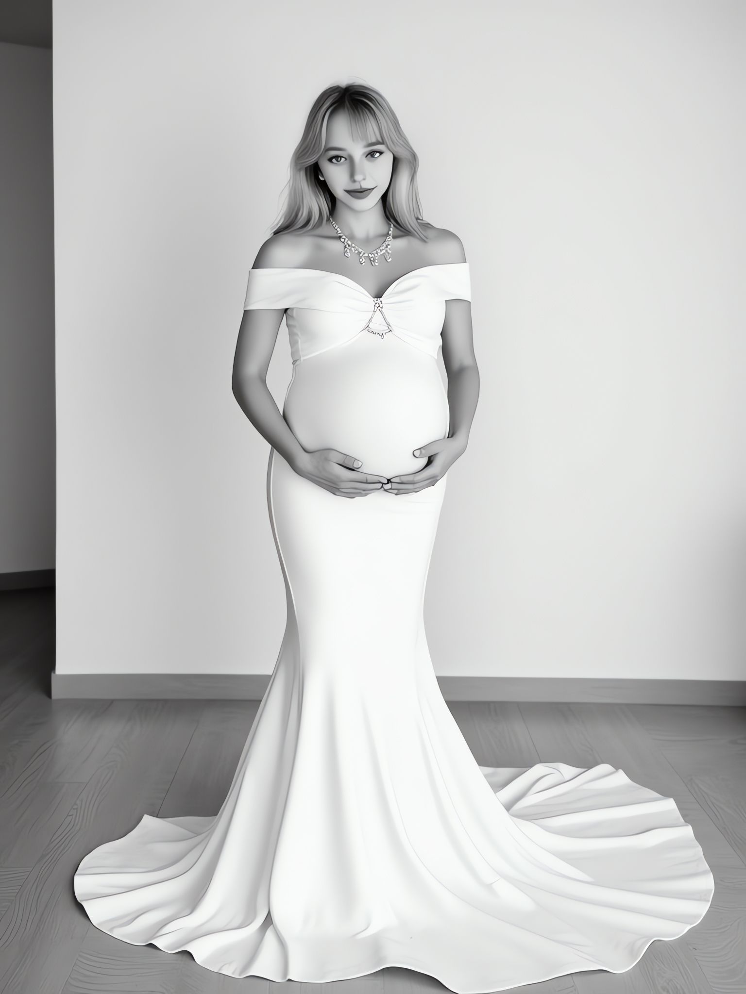 A pregnant woman dressed in white gently cradles her belly, standing peacefully against a soft, minimal background